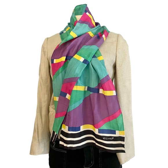 Vintage Scarf by Echo Geometric MOD in Green Purple Yellow Midcentury Pattern. - Picture 7 of 10